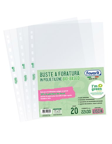 Conf 20 buste forate22X30 PE I'm green Bio-Based liscio superior Favorit 400178113 FAVORIT CARTELLINE APERTE SU DUE LATI