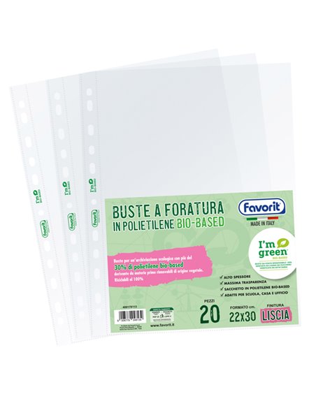 Conf 20 buste forate22X30 PE I'm green Bio-Based liscio superior Favorit 400178113 FAVORIT CARTELLINE APERTE SU DUE LATI