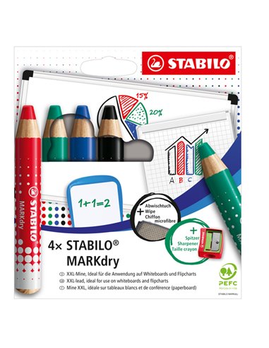 Astuccio 4 matitoni per lavagne STABILO MARKdry + temperino + panno microfibra 648/4 STABILO CANCELLINI E KIT PER LAVAGNE
