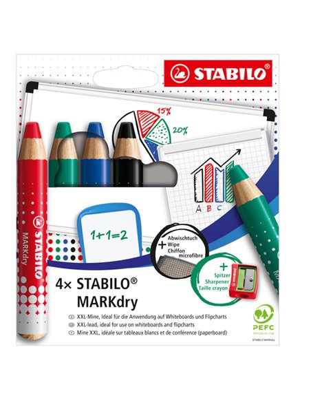 Astuccio 4 matitoni per lavagne STABILO MARKdry + temperino + panno microfibra 648/4 STABILO CANCELLINI E KIT PER LAVAGNE