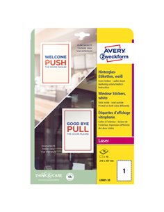 Adesivi per finestre in carta con pellicola 210x297mm 1adesivo/fg, laser Avery L9001-10