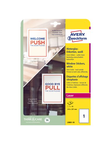 Adesivi per finestre in carta con pellicola 210x297mm 1adesivo/fg, laser Avery L9001-10