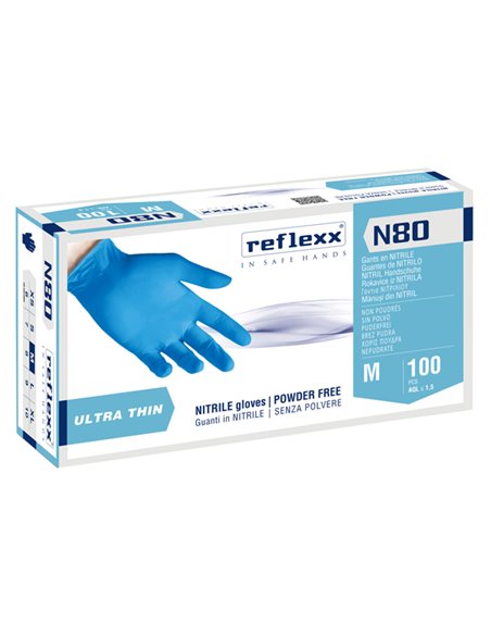 Conf 100 Guanti in nitrile ultrasottili N80B taglia M azzurro Reflexx N80B/M Reflexx GUANTI DI PROTEZIONE