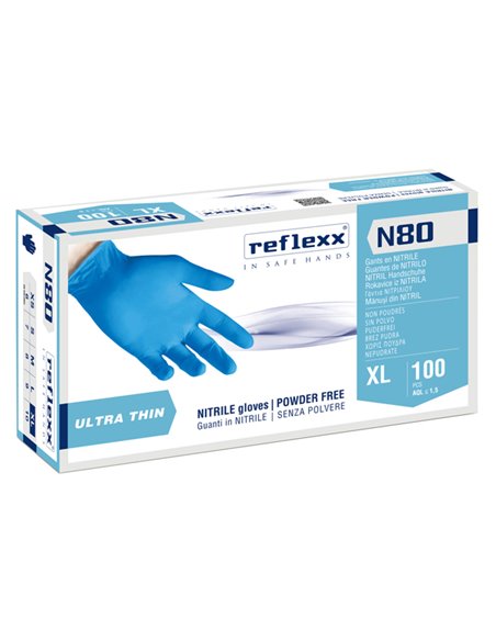 Conf 100 Guanti in nitrile ultrasottili N80B taglia XL azzurro Reflexx N80B/XL Reflexx GUANTI DI PROTEZIONE