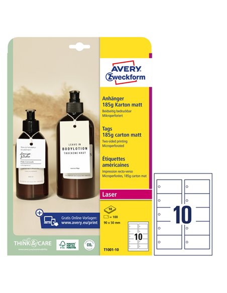 Cartellini micro-perforato stampabili bianchi 90x50mm 10fg (10 cart/fg) Avery T1001-10