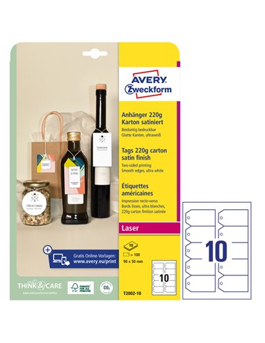 Cartellini stampabili bordi tagliati lisci 90x50mm 10fg(10cart/fg) bianco Avery T2002-10
