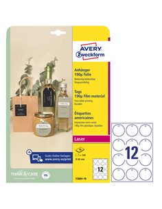 Cartellini stampabili resistenti 190µ Ø60mm 10fg(12cart/fg) bianco Avery T3004-10