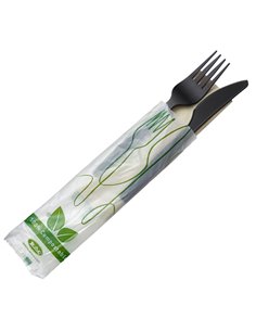 250 Bis Coltello e forchetta in CPLA nero con tovagliolo Leone Q2048.Z