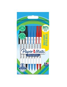 Astuccio 8 penne sfera c/cappuccio Kilometrico Recycled 1.0mm col.ass Papermate 2187680