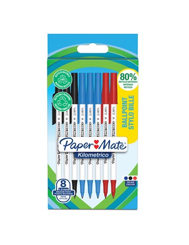 Astuccio 8 penne sfera c/cappuccio Kilometrico Recycled 1.0mm col.ass Papermate 2187680