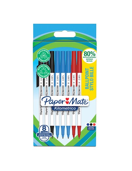Astuccio 8 penne sfera c/cappuccio Kilometrico Recycled 1.0mm col.ass Papermate 2187680