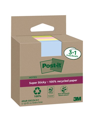 Cf. 3+1pz blocco 70fg Post-it®SuperSticky Green 76x76mm 654R-SSCOL3+1 pastello 7100285103 POST-IT BLOCCHI ADESIVI-DISPENSER