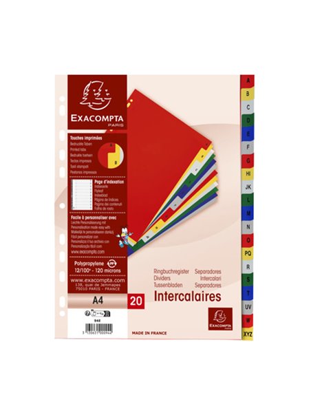 Separatore alfabetico A-Z a 20 TACCHE PPL colorato A4 94E Exacompta 94E EXACOMPTA DIVISORI-SEPARATORI CON TASTI STAMPATI