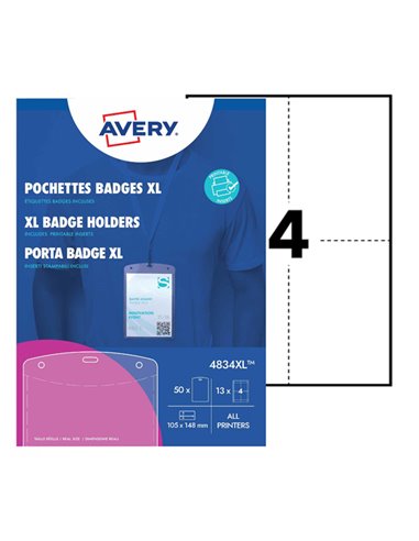 Conf. 50 Porta Badge A6 in plastica 105x148mm, Laser/Inkjet Avery 4834XL AVERY PORTABADGE E ACCESSORI
