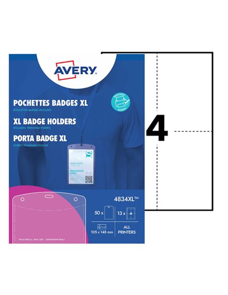 Conf. 50 Porta Badge A6 in plastica 105x148mm, Laser/Inkjet Avery 4834XL AVERY PORTABADGE E ACCESSORI
