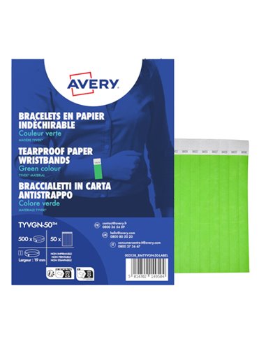 Conf. 500 braccialetti identificativi in Tyvek® verde fluo 256x19mm (10et/fg) 50 TYVGN-50 AVERY PORTABADGE E ACCESSORI