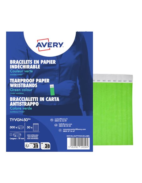 Conf. 500 braccialetti identificativi in Tyvek® verde fluo 256x19mm (10et/fg) 50 TYVGN-50 AVERY PORTABADGE E ACCESSORI