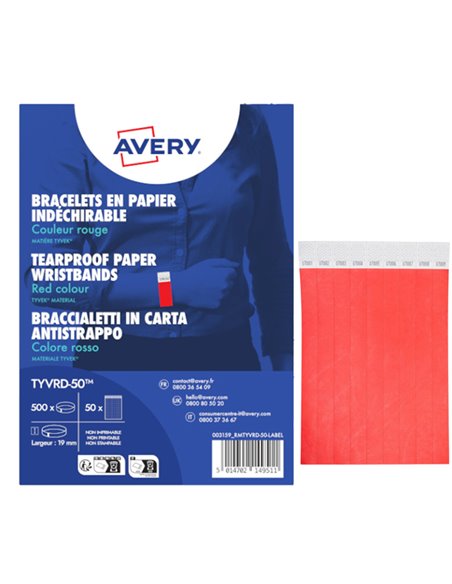 Conf. 500 braccialetti identificativi in Tyvek® rosso fluo 256x19mm (10et/fg) 50 TYVRD-50 AVERY PORTABADGE E ACCESSORI