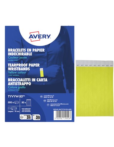 Conf. 500 braccialetti identificativi in Tyvek® giallo fluo 256x19mm (10et/fg) 5 TYVYW-50 AVERY PORTABADGE E ACCESSORI