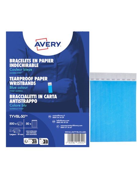 Conf. 500 braccialetti identificativi in Tyvek® blu fluo 256x19mm (10et/fg) 50fg TYVBL-50 AVERY PORTABADGE E ACCESSORI