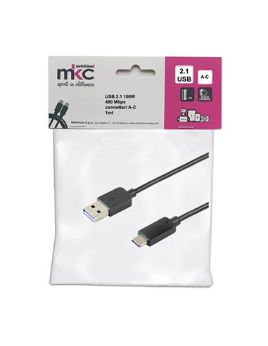 Cavo USB 2.0 100W 480Mbps con connettori A-C - 1mt 486611201 MKC ADATTATORI-CAVI-ORGANIZZACAVI