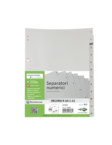 SEPARATORE NUMERICO 1-12 PPL 21X29,7 RECORD RA4 1-12 SEI 581201 SEI ROTA DIVISORI-SEPARATORI CON TASTI STAMPATI