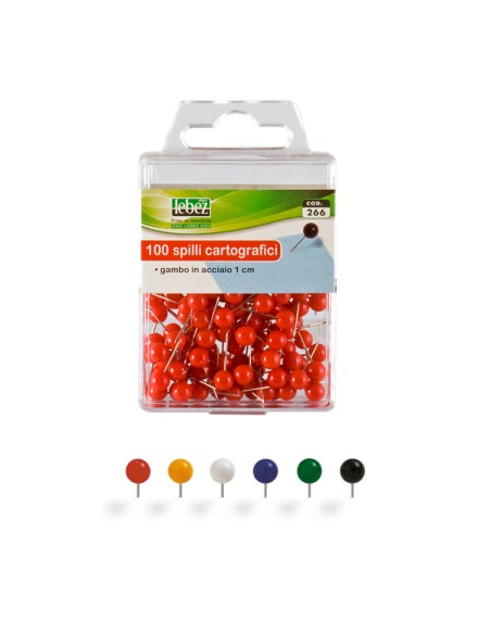 SCATOLA 100 SPILLI CARTOGRAFICI a SFERA ROSSO ART.266 266-R LEBEZ MAGNETI E SPILLI CARTOGRAFICI