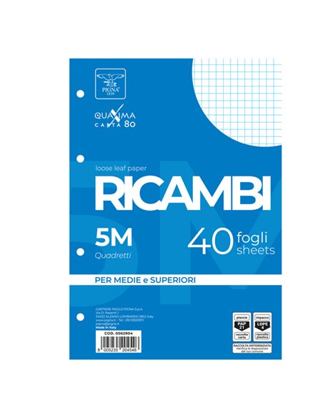 RICAMBI FORATI A4 5MM QUAXIMA 40FG 80GR PIGNA 00629035M PIGNA RICAMBI FORATI
