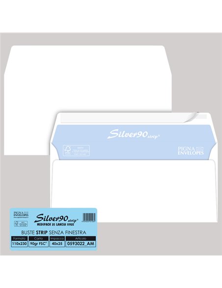 25 buste SILVER90 STRIP FSC®bianca internografata s/finestra110x230mm90gr Pigna 0593022AM