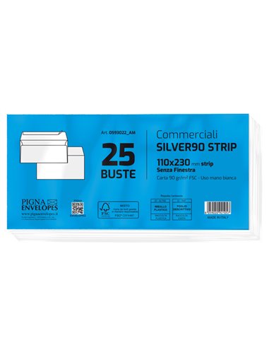 25 buste SILVER90 STRIP FSC®bianca internografata s/finestra110x230mm90gr Pigna 0593022AM