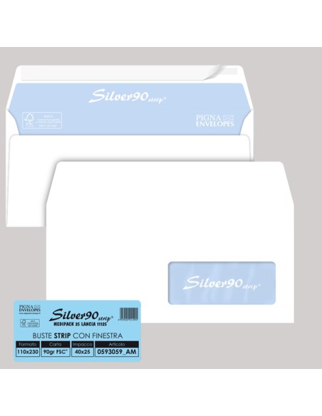 25 buste SILVER90 STRIP FSC® bianca internografata c/finestra110x230mm90gr Pigna 0593059AM Pigna Envelopes BUSTE COMMERCIALI