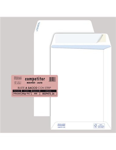 500 buste sacco COMPETITOR FSC® bianca strip adesivo 190x260mm 80gr Pigna Envelo 002947226