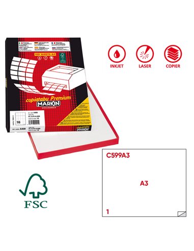 Etichetta adesiva C/599 bianca 100fg A3 420x297mm (1et/fg) Markin X214C599A3 MARKIN ETICHETTE CARTA COPY-LASER-INKJET