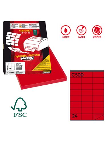 Etichetta adesiva C/500 rosso 100fg A4 70x36mm (24et/fg) Markin X210C500R MARKIN ETICHETTE CARTA COPY-LASER-INKJET