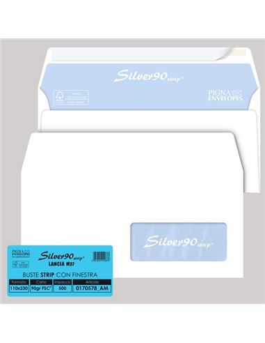 500 busteSILVER90 STRIP FSC®bianca internografata c/finestra110x230mm 90gr Pigna 0170578AM