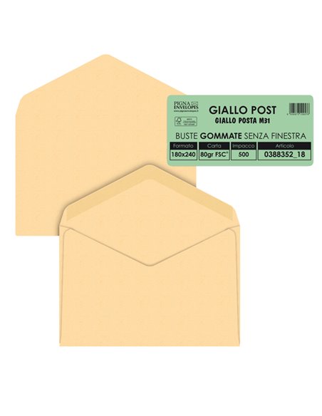 500 buste GIALLO POSTALE gommata carta riciclata FSC® 180x240mm 80gr Pigna Envel 038835218