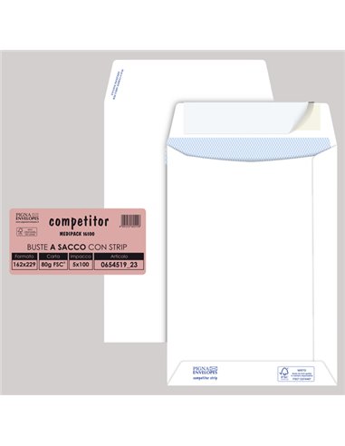 100 buste sacco COMPETITOR FSC® bianca strip adesivo 160x230mm 80gr Pigna Envelo 065451923
