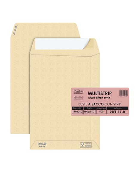 500 buste saccoMULTI STRIPavana carta ric. FSC®strip ades.190x260mm 100gr Pigna 065511626 Pigna Envelopes BUSTE A SACCO