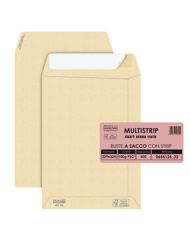 500 buste saccoMULTI STRIP avana carta ric.FSC®strip adesivo230x330mm 100g Pigna 065512533 Pigna Envelopes BUSTE A SACCO