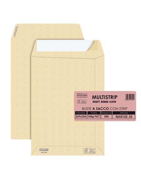 500 buste saccoMULTI STRIP avana carta ric.FSC®strip adesivo230x330mm 100g Pigna 065512533 Pigna Envelopes BUSTE A SACCO