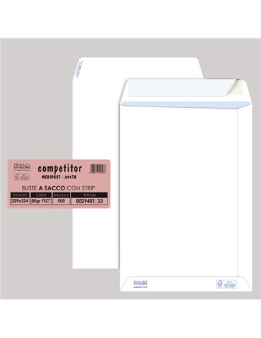 500 buste sacco COMPETITOR FSC® bianca strip adesivo 230x330mm 80gr Pigna Envelo 002948133