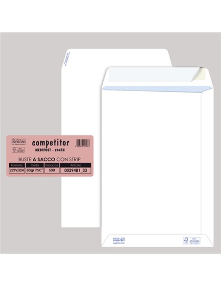 500 buste sacco COMPETITOR FSC® bianca strip adesivo 230x330mm 80gr Pigna Envelo 002948133