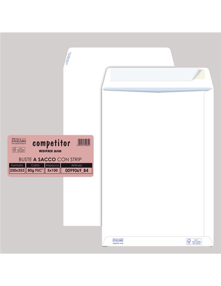 100 buste sacco COMPETITOR FSC® bianca strip adesivo 250x353mm 80gr Pigna Envelo 0099069B4