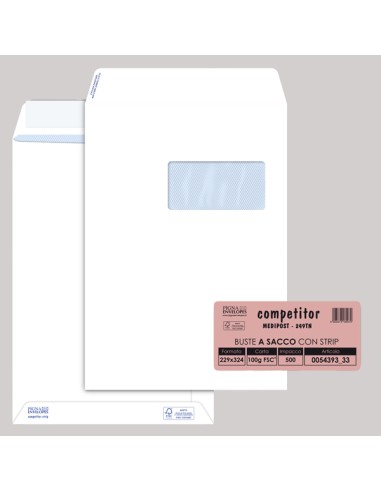 500 buste sacco CompetitorFSC®bianca strip adesivo c/finestra 23x33cm 100gr Pign 005439333