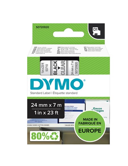 NASTRO DYMO TIPO D1 (24MMX7MT) NERO/TRASPARENTE 537100 S0720920 DYMO ETICHETTE-NASTRI-TAMPONI PER ETICHETTATRICI E PREZZATRICI