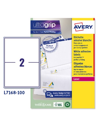 Etichetta adesiva L7168 bianca 100fg A4 199,6x143,5 (2et/fg) Avery L7168-100 AVERY ETICHETTE CARTA COPY-LASER-INKJET