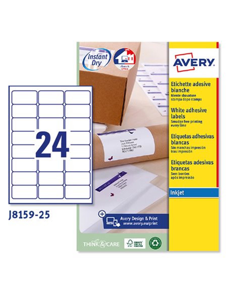 Etichetta adesiva J8159 bianca 25fg A4 63,5x33,9mm (24et/fg) inkjet Avery J8159-25 AVERY ETICHETTE CARTA COPY-LASER-INKJET