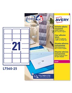 Poliestere adesivo L7560 trasparente 25fg A4 63,5x38,1mm (21et/fg) laser Avery L7560-25 AVERY ETICHETTE POLIESTERE COPY-LASER...