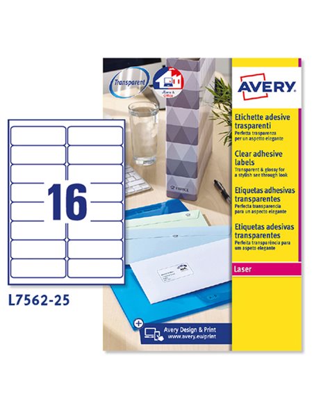 Poliestere adesivo L7562 trasparente 25fg A4 99,1x34mm (16et/fg) laser Avery L7562-25