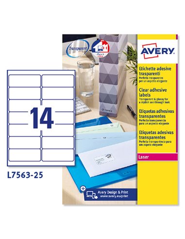 Poliestere adesivo L7563 trasparente 25fg A4 99,1x38,1mm (14et/fg) laser Avery L7563-25 AVERY ETICHETTE POLIESTERE COPY-LASER...